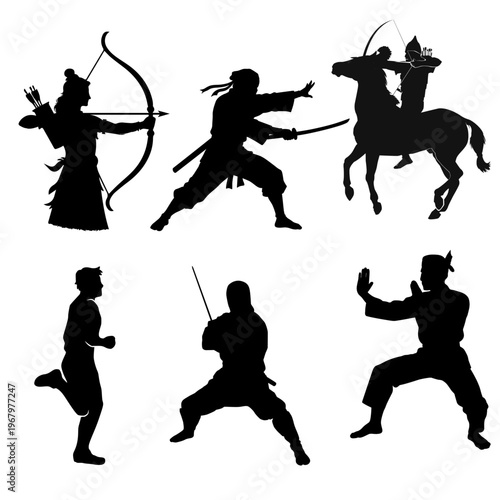 Action silhouettes of ancient warriors, ninjas, and martial artists. Dynamic vector set featuring archers, horsemen, and karate fighters for sports and historical themes.