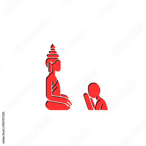 Red silhouette of a Buddha statue in meditation pose with a follower. Zen spiritual icon for mindfulness, yoga, peace, and Buddhist religious concepts.