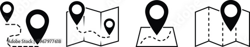 Map and location icons set in black flat styles. Mapping vectors. Geolocation map path distance. GPS cartography position. Pinpoint, map search, route and navigator isolated on transparent background.