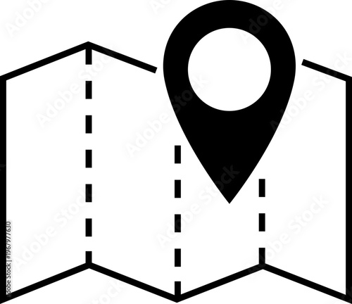 Map and location icon in black flat style. Mapping vector. Geolocation map path distance. GPS cartography position. Pinpoint, map search, route and navigator isolated on transparent background.