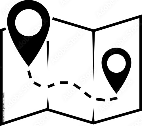Map and location icon in black flat style. Mapping vector. Geolocation map path distance. GPS cartography position. Pinpoint, map search, route and navigator isolated on transparent background.