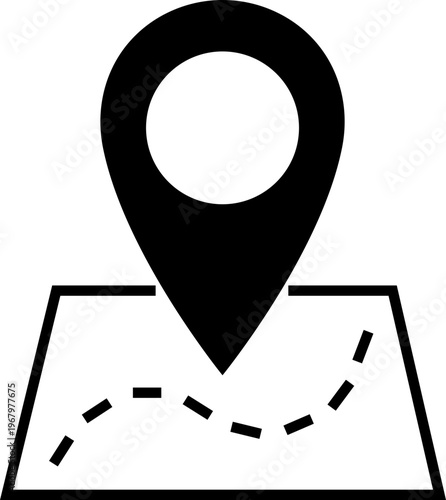 Map and location icon in black flat style. Mapping vector. Geolocation map path distance. GPS cartography position. Pinpoint, map search, route and navigator isolated on transparent background.
