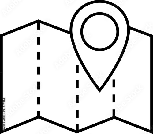 Map and location icon in black line style. Mapping vector. Geolocation map path distance. GPS cartography position. Pinpoint, map search, route and navigator isolated on transparent background.