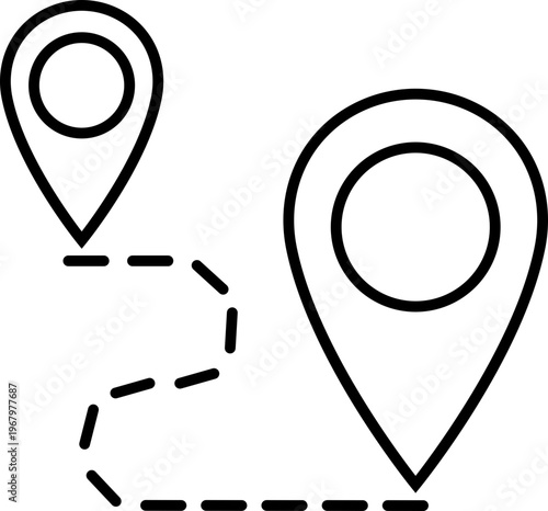 Map and location icon in black line style. Mapping vector. Geolocation map path distance. GPS cartography position. Pinpoint, map search, route and navigator isolated on transparent background.