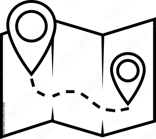 Map and location icon in black line style. Mapping vector. Geolocation map path distance. GPS cartography position. Pinpoint, map search, route and navigator isolated on transparent background.