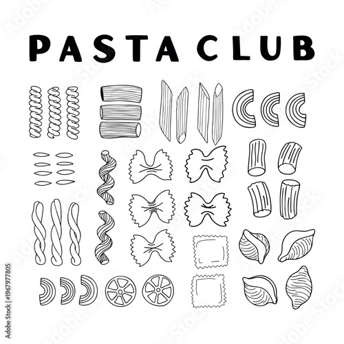 Whimsical Hand-Drawn Doodle Set of Various Italian Pasta Shapes