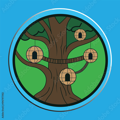 Minimalist treehouse illustration with spherical eco-pods and rope bridges on a large tree.