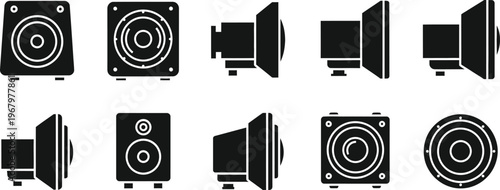 Audio speaker and subwoofer icons set with black and white with sound system