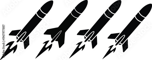 Rocket missile icon set, flying upward black and white vector symbols representing military weapons technology aerospace launch concept isolated on white background.