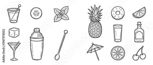 Collection of hand-drawn cocktail ingredients and bar accessories, including fruits, herbs, glasses, and a shaker, in a clean line art style
