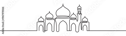 Continuous line art drawing of a mosque with multiple domes and a minaret, rendered in a minimalist black outline style