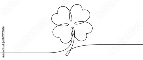 Simple continuous line drawing of a four-leaf clover with a delicate stem, symbolizing good luck and fortune