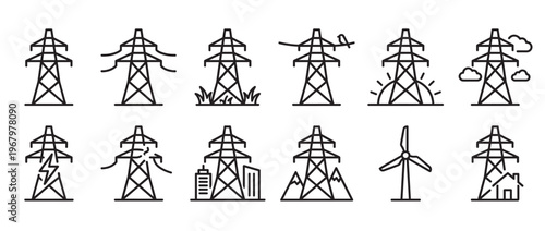 Collection of twelve black outline power line tower icons representing electricity, energy, and power transmission