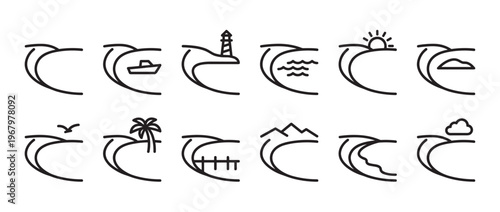 Collection of simple line art icons depicting various landscape and seascape elements, presented in a clean, minimalist style