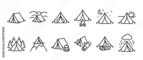 Collection of black outline tent icons depicting various camping scenarios and outdoor activities