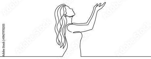 Continuous line drawing of a woman with long hair looking up, raising her hands in a hopeful gesture