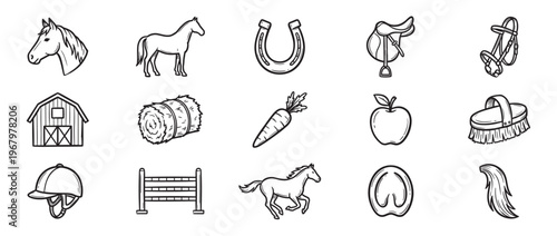 Collection of hand-drawn equestrian themed icons including horses, barn, horseshoe, saddle, bridle, hay, carrot, apple, brush, helmet, jump, hoof, and mane