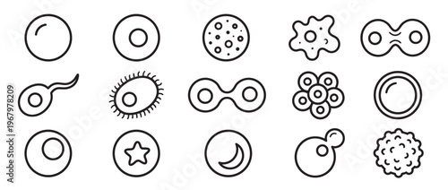 Collection of various simple black outline biological cell icons, including sperm, bacteria, and dividing cells, presented in a clean, modern style
