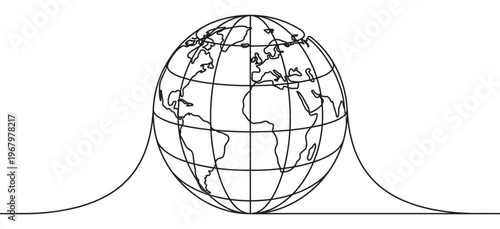 Black and white continuous line drawing of a detailed globe with continents and grid lines