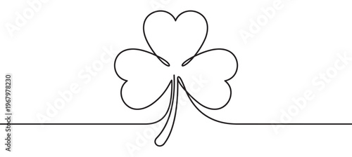 Simple black line art drawing of a three-leaf clover, symbolizing luck and St. Patrick's Day, on a clean white surface