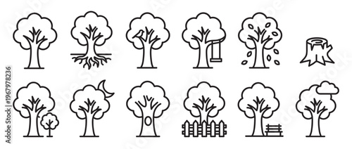 Collection of various outline tree icons, including roots, birds, swings, falling leaves, and stumps, presented in a clean, graphic style