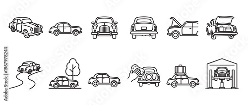 Collection of black outline vintage car icons depicting various activities and perspectives in a clean, graphic style