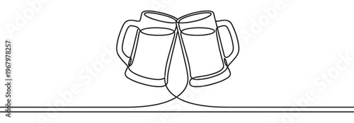 Two black outline beer mugs clinking together in a continuous line art style, celebrating a festive occasion