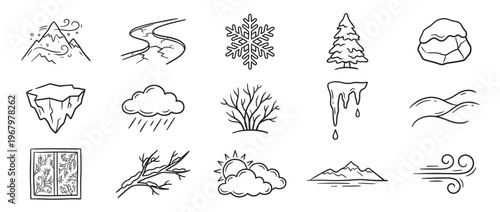 Collection of hand-drawn doodle icons representing various winter weather elements and natural landscapes in a simple black outline style