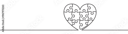 Black outline drawing of a heart shape made from puzzle pieces, with a single continuous line extending left