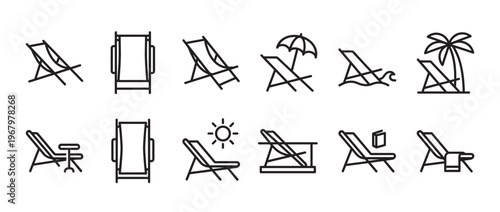 Collection of black outline beach chair icons depicting various relaxation scenarios and holiday activities
