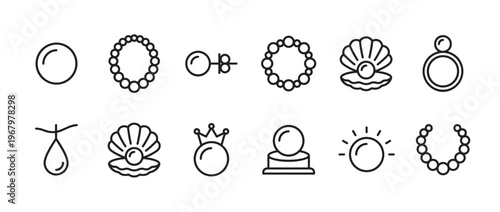 Collection of black outline pearl icons depicting various forms of jewelry and natural pearls, presented in a clean, modern style
