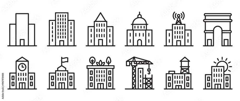 Fototapeta premium Collection of various line art building icons representing different architectural styles and urban structures