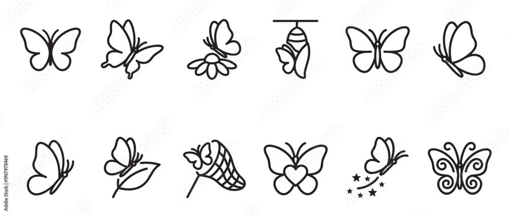 Fototapeta premium Collection of simple black outline butterfly icons in various poses and styles, including a chrysalis and a butterfly net