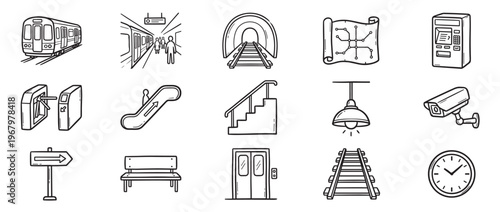 Collection of hand-drawn subway and metro station elements, including trains, platforms, escalators, and security cameras, depicted in a clean line art style