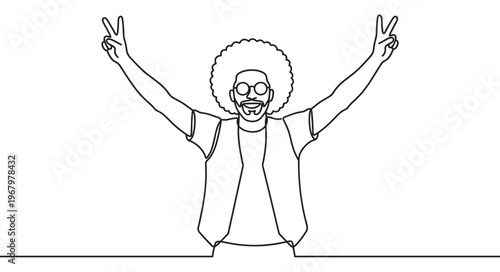 Happy man with an afro hairstyle and glasses raises his arms making peace signs, drawn in a continuous line art style
