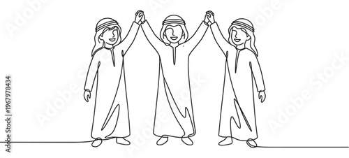 Three happy Arab men wearing traditional thobes and headscarves, holding hands in a continuous line drawing style