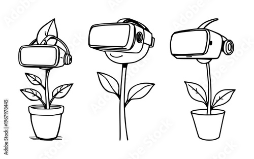 Plant set with doodle style illustration of a plant wearing a VR headset on a thick line drawing with white background featuring plant, VR headset, digital nature with quirky and imaginative