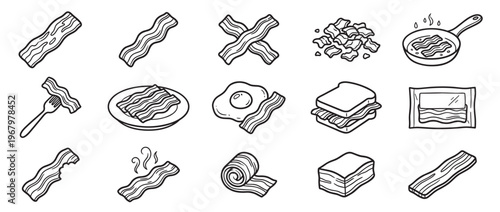 Collection of hand-drawn bacon illustrations in various forms, including strips, crumbled pieces, and cooked with eggs, presented in a clean, graphic style