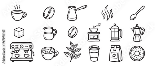Collection of hand-drawn coffee-related icons, including cups, beans, brewing equipment, and sweet treats, presented in a clean, illustrative style
