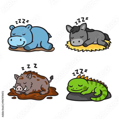 Adorable Cartoon Animals Catching Zzz's A Collection of Sleepy Critters Napping Peacefully