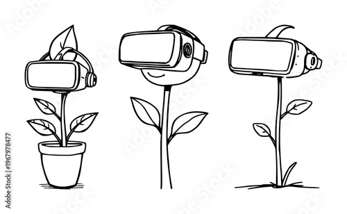Plant set with doodle style illustration of a plant wearing a VR headset on a thick line drawing with white background featuring plant, VR headset, digital nature with quirky and imaginative