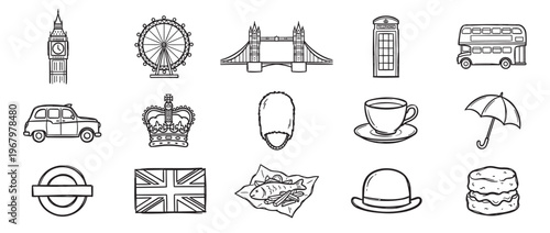 Collection of hand-drawn black and white London landmark and cultural icon illustrations, presented in a clean, graphic style