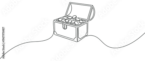 Open wooden treasure chest filled with gold coins is depicted in a continuous line art drawing style