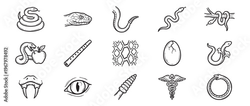Various hand-drawn black and white snake-themed illustrations, including coiled snakes, snake heads, tails, skin patterns, and related symbols, presented as a collection of simple line art