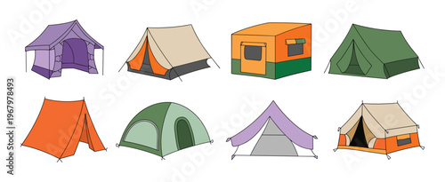 Set of eight hand drawn camping tents in various shapes and colors including purple beige orange and green shelters for outdoor recreation and hiking trips isolated on a white background