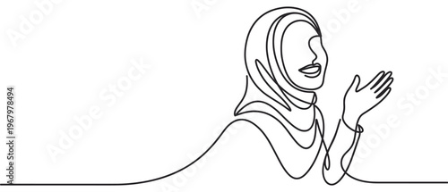 Continuous line drawing of a Muslim woman wearing a hijab, smiling and holding her hands up in prayer