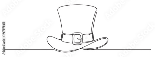 Simple black line art drawing of a classic top hat with a buckled band, presented in a minimalist style