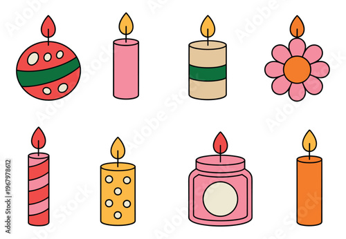 Set of eight colorful hand drawn candle featuring various shapes patterns and burning flames in a flat style on a white background
