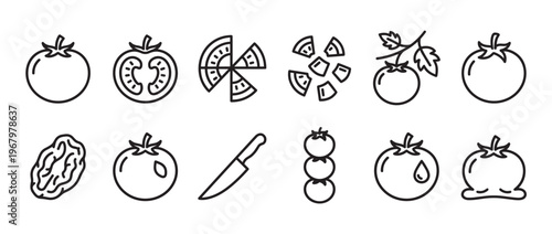 Collection of black outline tomato icons showing whole, sliced, diced, and melted forms with a knife