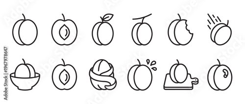 Collection of simple black outline peach icons in various forms, including whole, sliced, and bitten